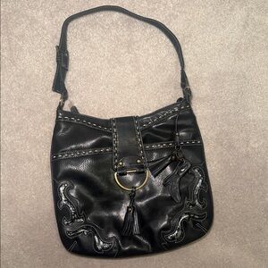 Black Leather Boho Shoulder Bag with Tassel Ring Accent